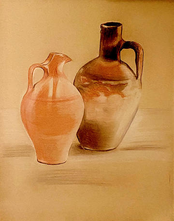 Artist Helen Edward's drawing in brown ink of two vases