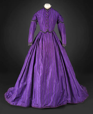 Vivid purple Victorian dress with brocade and full skirt, dated 1865-70