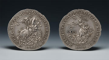 artifacts–Ashmolean Edition of the Oxford Crown NFT, Ana María Caballero & Alex Estorick, 2024, Single-edition generative AI. Courtesy of the artists NFT Oxford crown coin generated by AI depicting a female figure - front and reverse