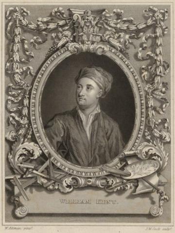 Black and white print portrait of William Kent, wearing a turban and loose shirt and overshirt, set in a highly decorative cartouche with details of ribbons, fern leaves and painter's tools