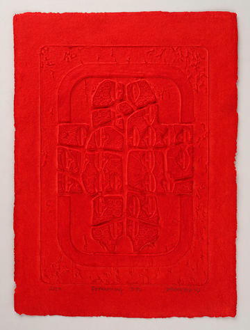 Red relief on cast paper by Cheung Yee, dating to 1977