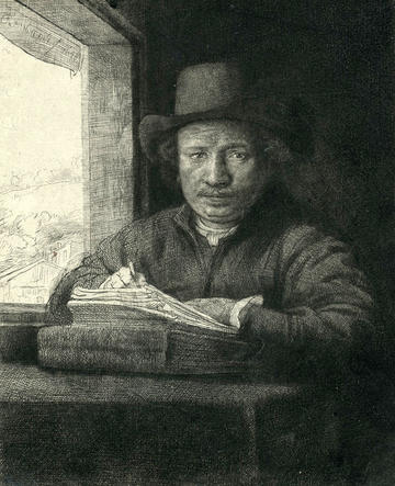 Self portrait black and white etching of Rembrandt at a window writing wearing a hat