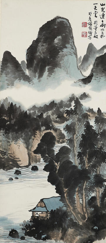 Chinese scroll showing a landscape with river and mountains