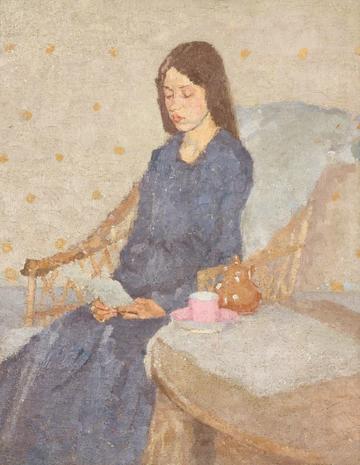 A painting of a brown-haired young woman in a blue dress reading a letter in a chair. A teapot and a cup and saucer rest next to her.