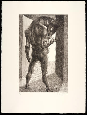 Black and white etching of Minotaur, Risen by Michael Ayrton, dated 1971