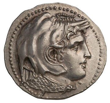 Silver coin of Ptolemy I of Egypt (323 to 282 BCE) with head of Alexander the Great struck at Alexandria