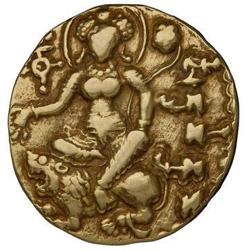 Ancient gold dinara coin of Chandra Gupta II showing Goddess Lakshmi seated on a lion making a gesture of scattering coins