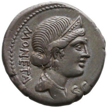 Silver Roman coin depicting the goddess Juno and showing her facing right