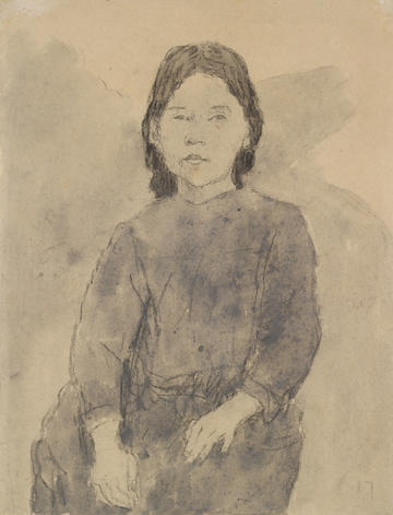 Charcoal drawing of a young girl seated and facing us, with her hands on her lap