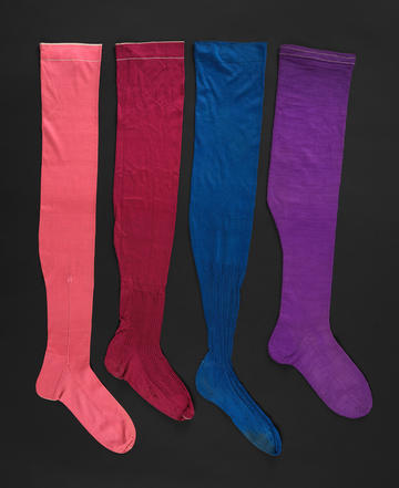 Silk and wool pink, red, blue and purple stockings,1862 © Fashion Museum, Bath
