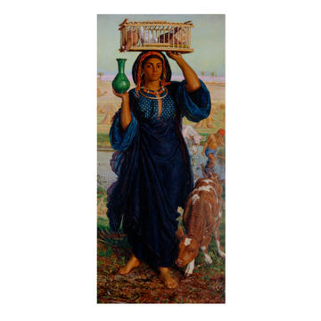 A full length painting by William Holman Hunt of a woman balancing a crate of birds on her head