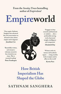 Sathnam Sanghera's Empireworld book cover showing the crowned British lion perched over the globe, in black and white