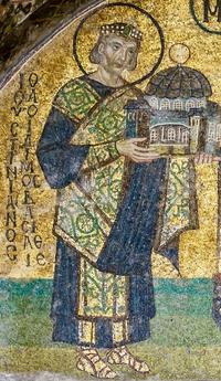 hagia sophia southwestern entrance mosaic: Justinian presenting a model of Hagia Sofia to the Virgin