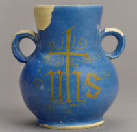Tin-glazed vase with IHS trigram, found during Broad Street excavations, 1930s