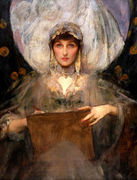 Striking Pre-raphaelite portrait of Violet Manners, Marchioness of Granby (detail), Sir James Jebusa Shannon, 1896, oil on canvas